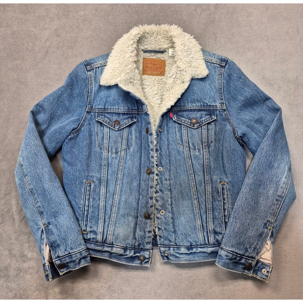 Levis Mens M Sherpa Lined Denim Trucker Jacket Medium Wash Blue Rugged Western
